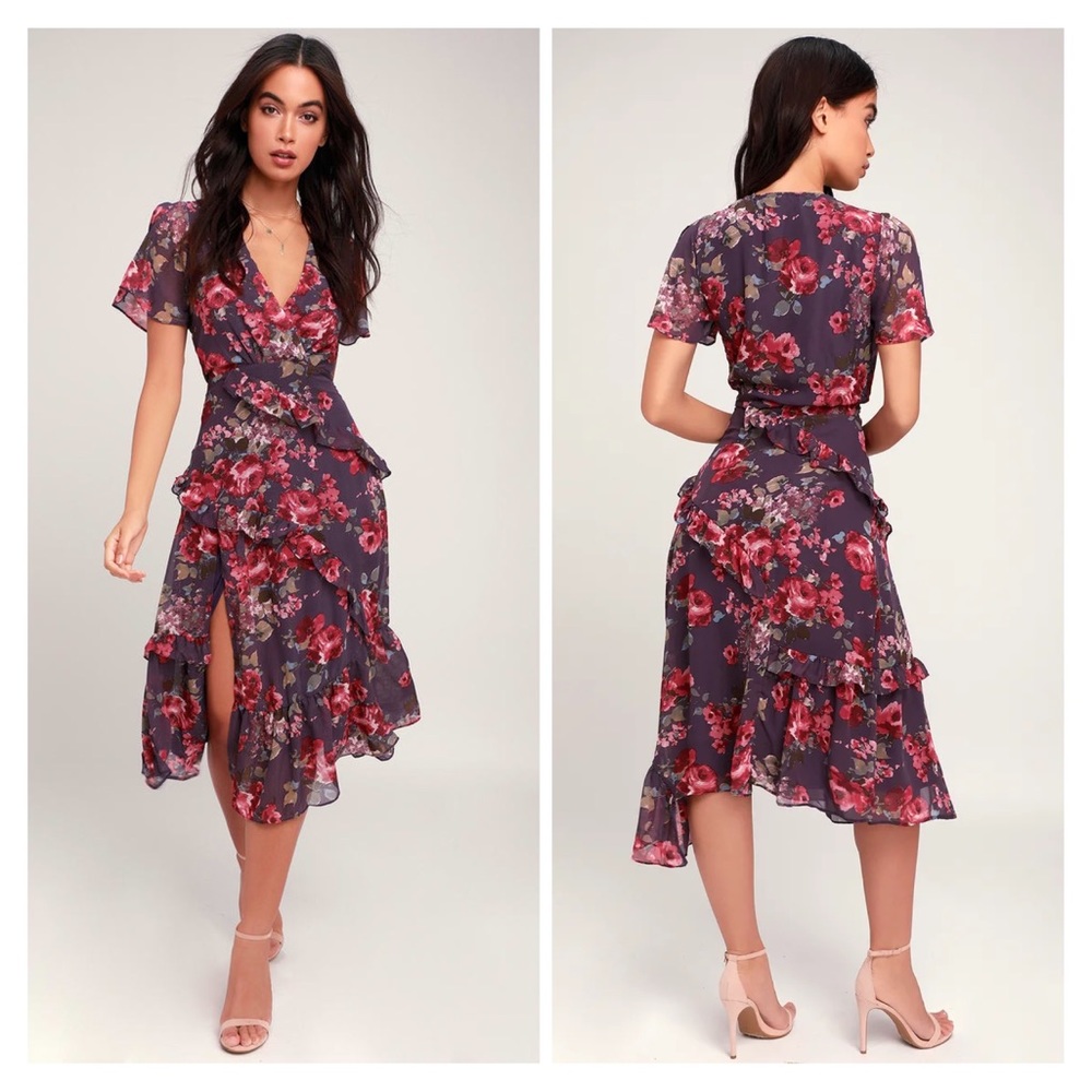 LULU’S ~ Pick Me Up Purple Floral Print Ruffled Asymmetrical Midi Dress